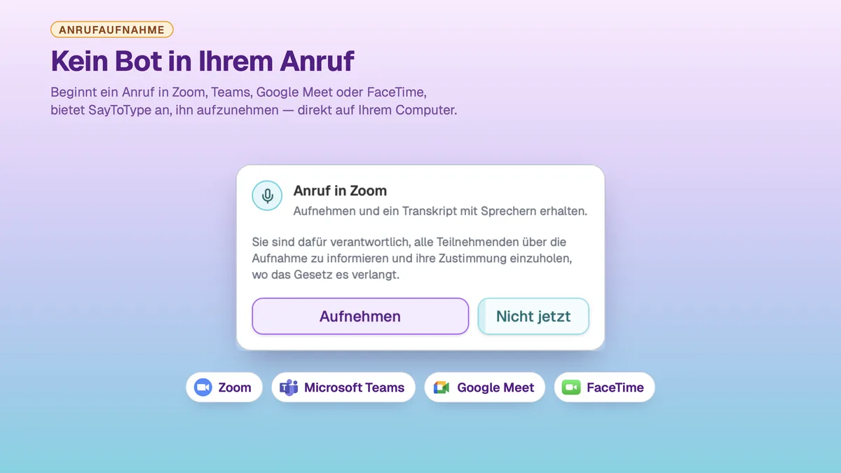 SayToType-Fenster, das anbietet, einen Zoom-Anruf aufzunehmen, mit den Schaltflächen „Aufnehmen“ und „Jetzt nicht“