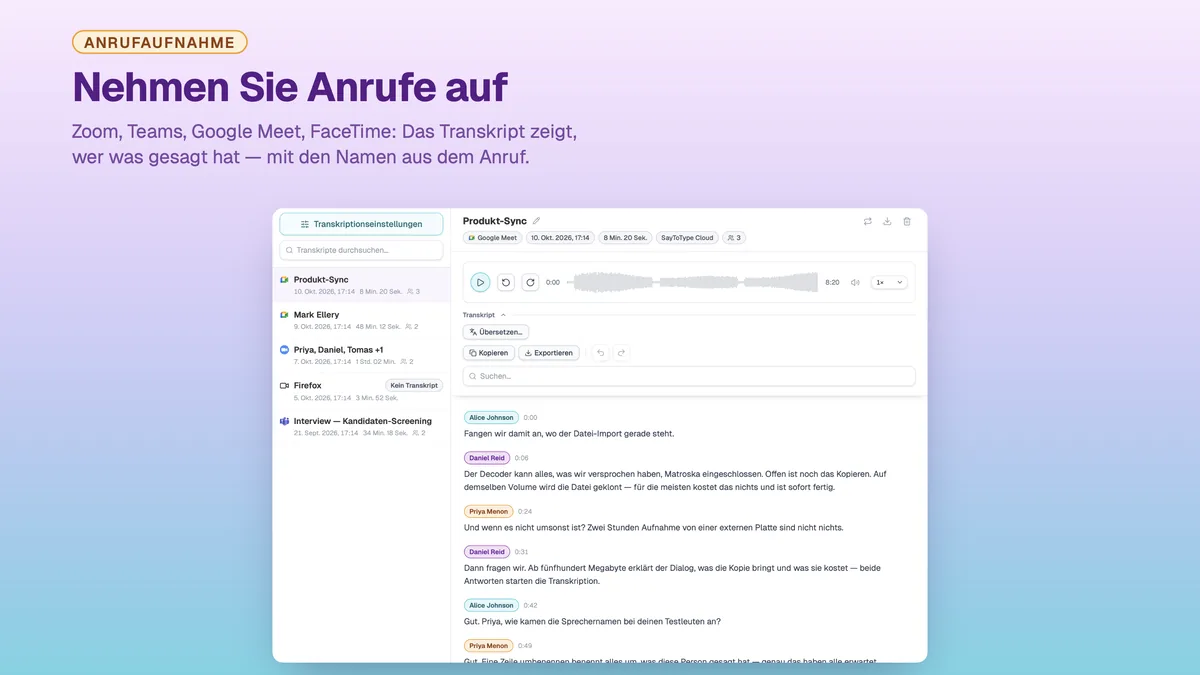 Ein aufgenommener Anruf in SayToType, das Transkript nach Teilnehmernamen beschriftet