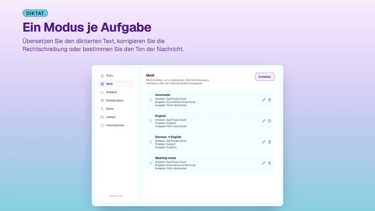 SayToType-Einstellungen mit einer Liste eigener Diktiermodi