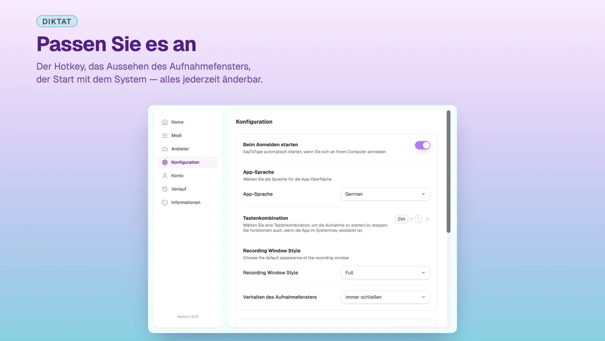 Konfigurationsbildschirm im Einstellungsfenster von SayToType