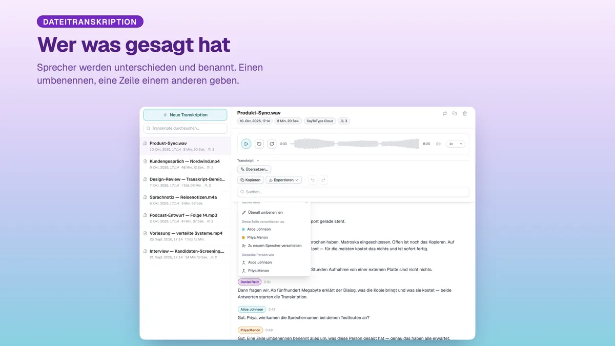 Sprechernamen in einem SayToType-Transkript mit dem Menü zum Umbenennen