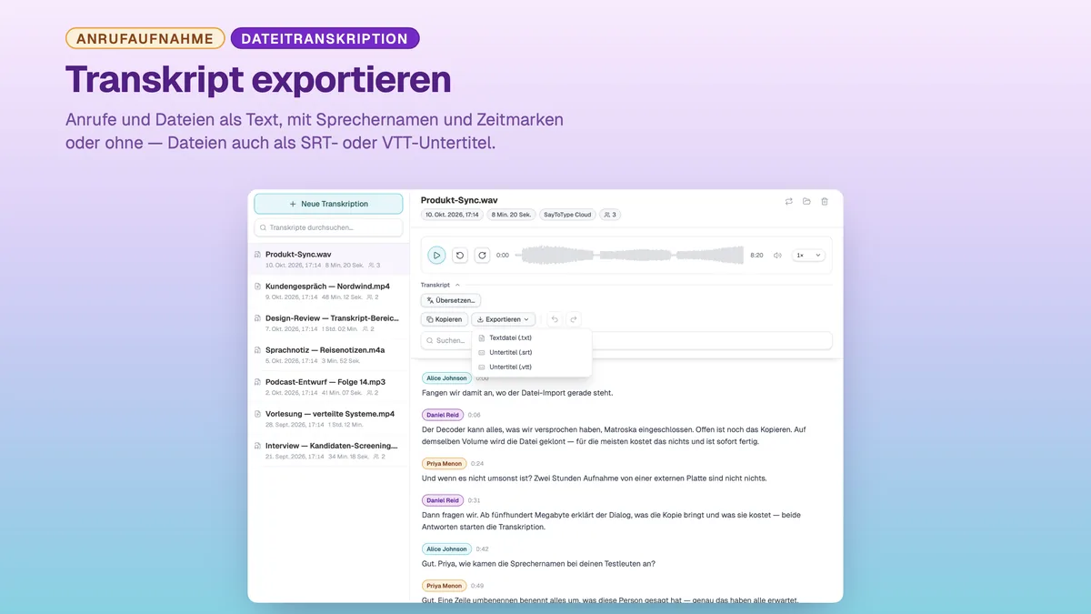 SayToType-Exportmenü: Transkript als TXT, SRT oder VTT