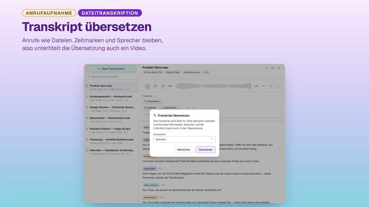 SayToType-Dialog zum Übersetzen eines fertigen Transkripts