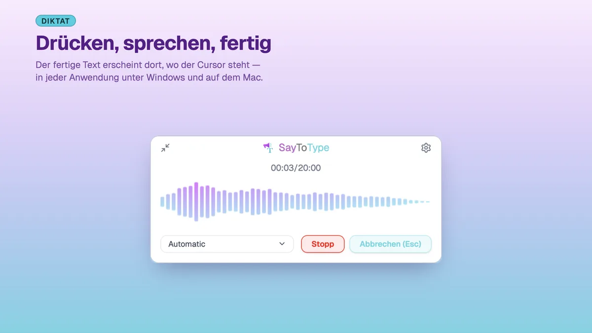 SayToType-Aufnahmefenster mit Wellenform während der Spracheingabe