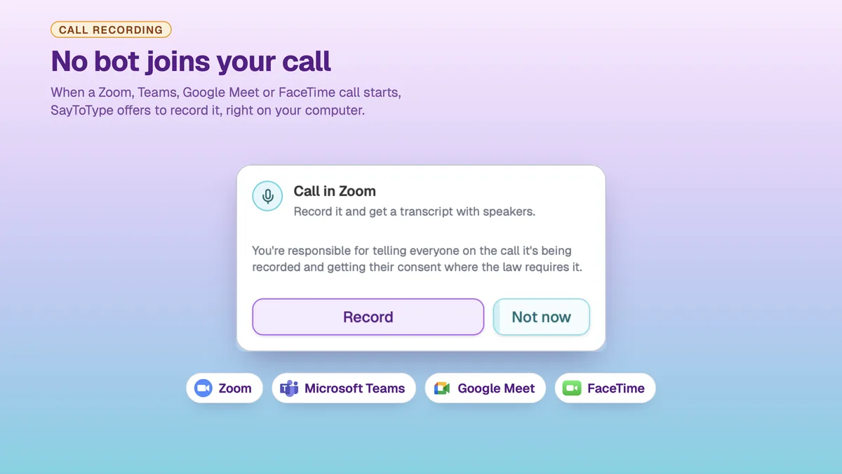 SayToType panel offering to record a call in Zoom, with Record and Not now buttons
