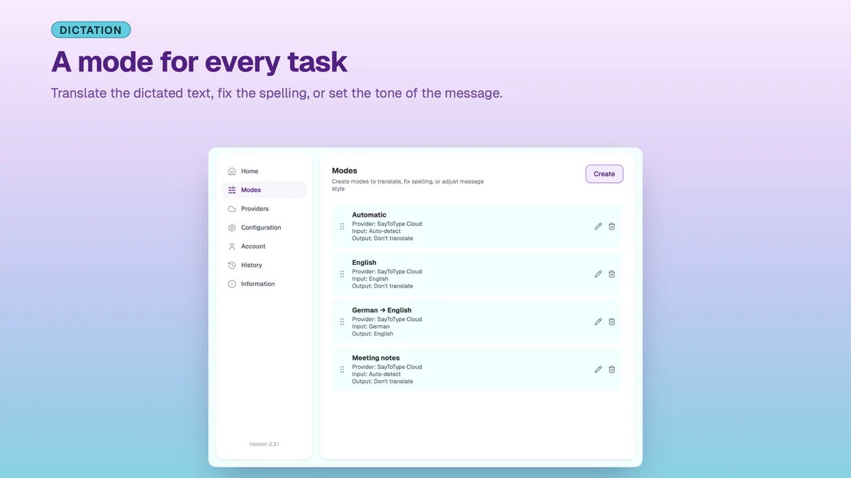 SayToType settings with a list of custom dictation modes