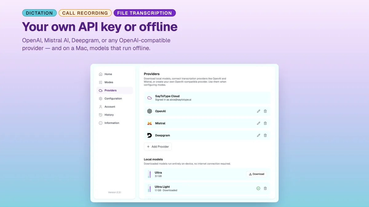 SayToType provider settings with OpenAI, Mistral and Deepgram connected
