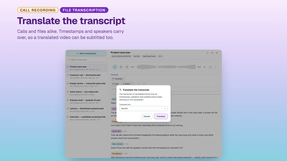 SayToType dialog for translating a finished transcript into another language