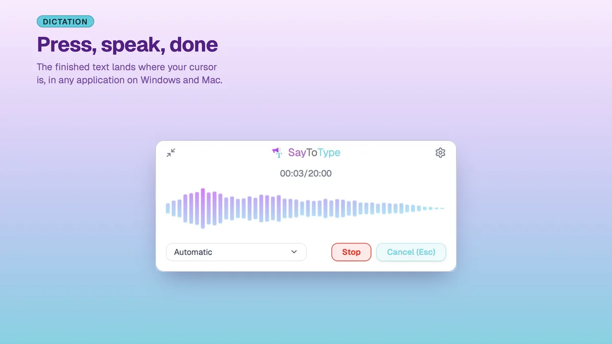 SayToType recording window with a live waveform during voice dictation