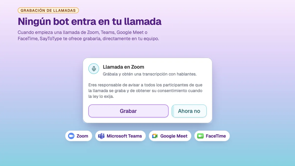 Panel de SayToType que ofrece grabar una llamada de Zoom, con los botones «Grabar» y «Ahora no»