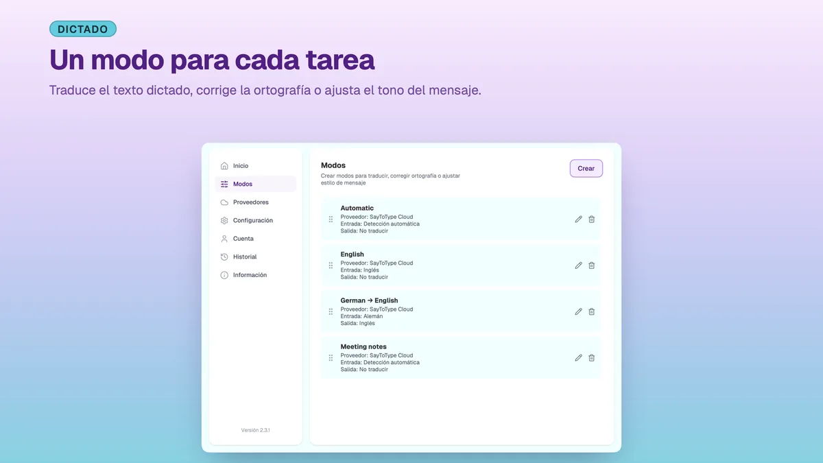 Ajustes de SayToType con la lista de modos de dictado personalizados