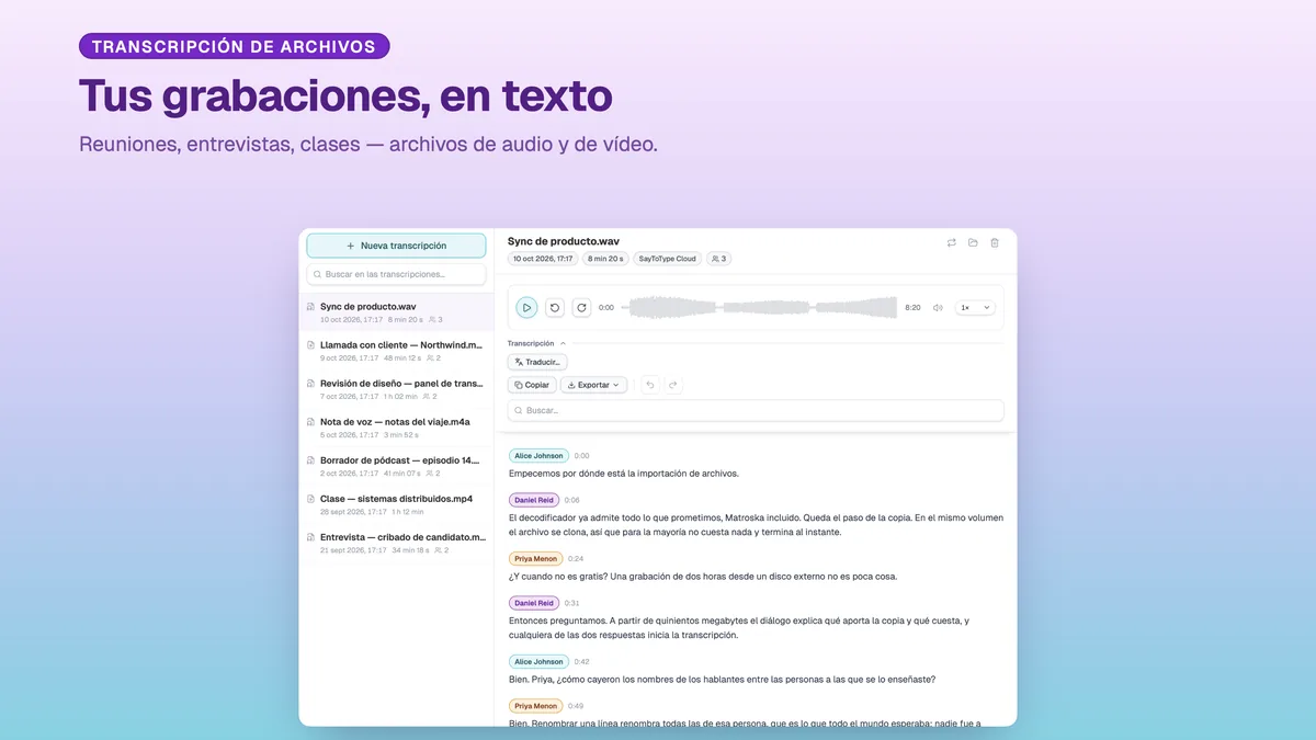 Ventana de transcripción de SayToType con la biblioteca de grabaciones transcritas