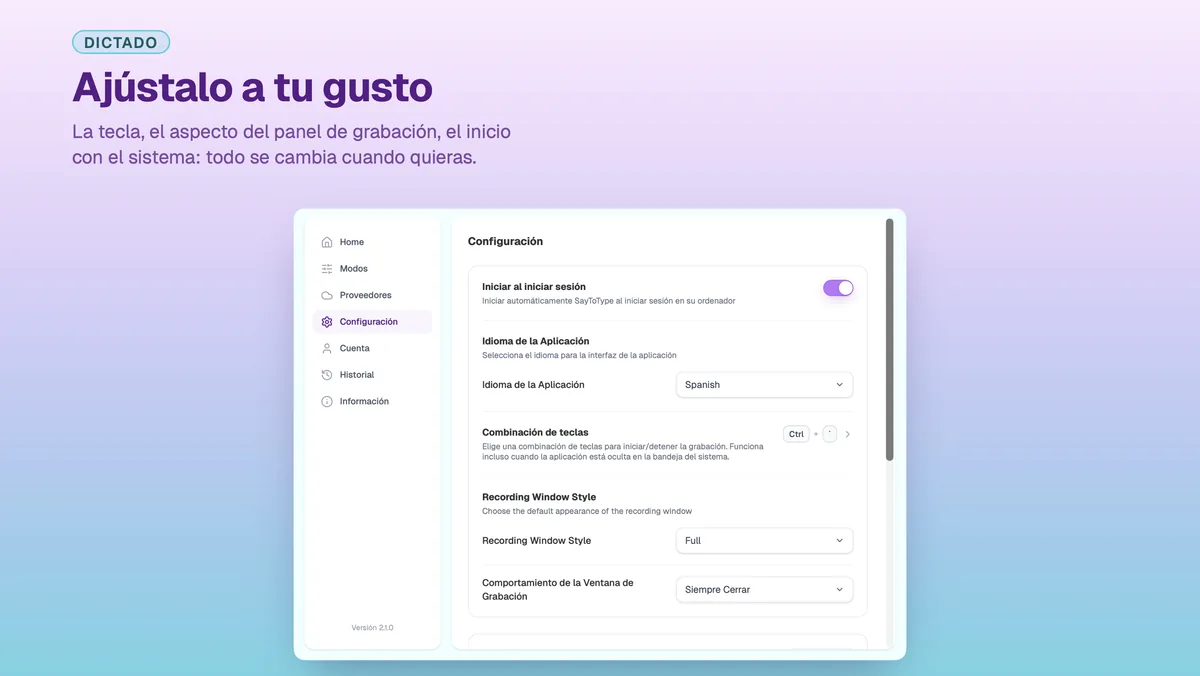 Pantalla de configuración en la ventana de ajustes de SayToType