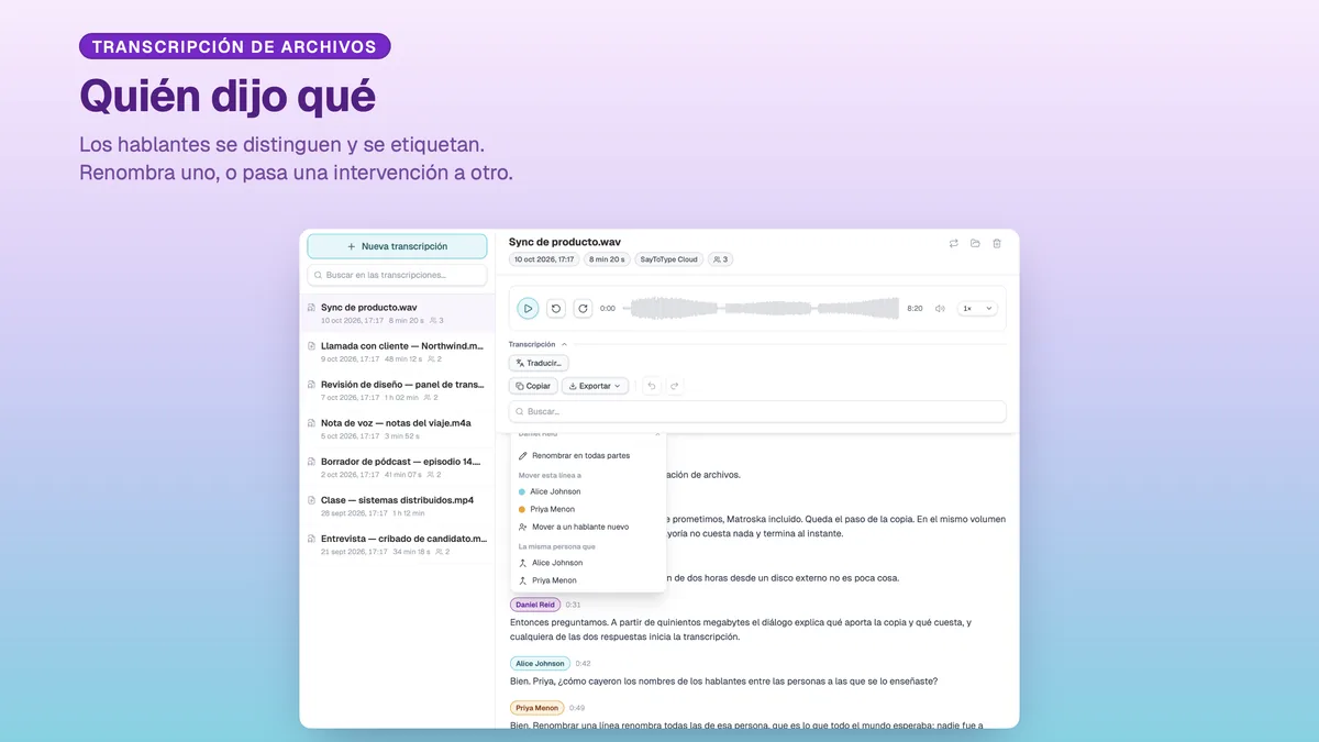 Etiquetas de hablantes en una transcripción de SayToType, con el menú para renombrar