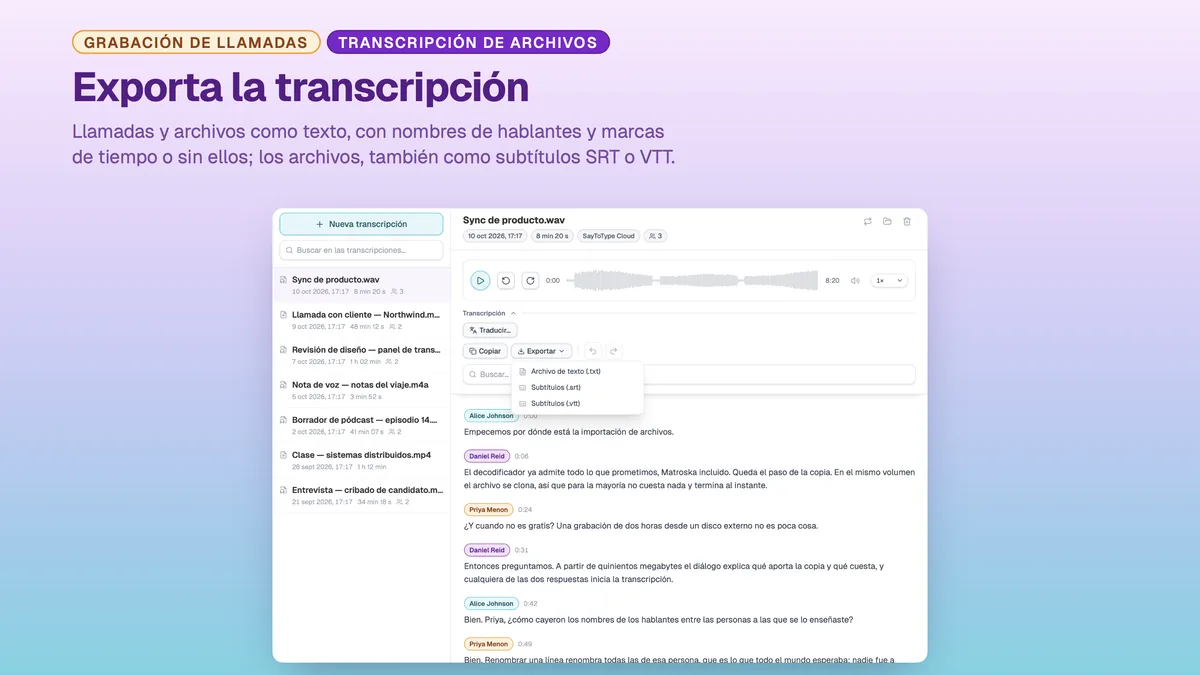 Menú de exportación de SayToType: transcripción en TXT, SRT o VTT