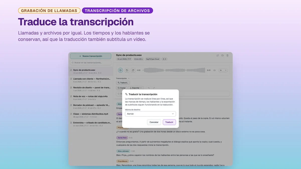 Diálogo de SayToType para traducir una transcripción terminada