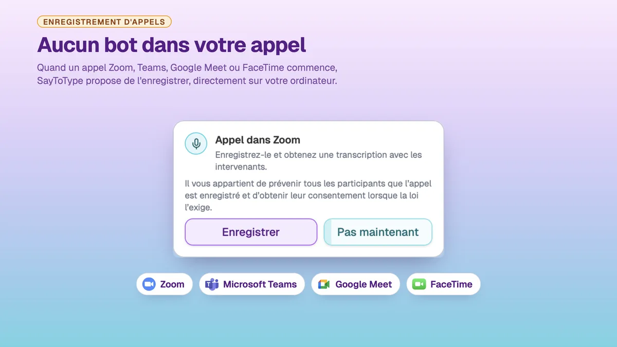 Panneau SayToType proposant d'enregistrer un appel Zoom, avec les boutons « Enregistrer » et « Pas maintenant »