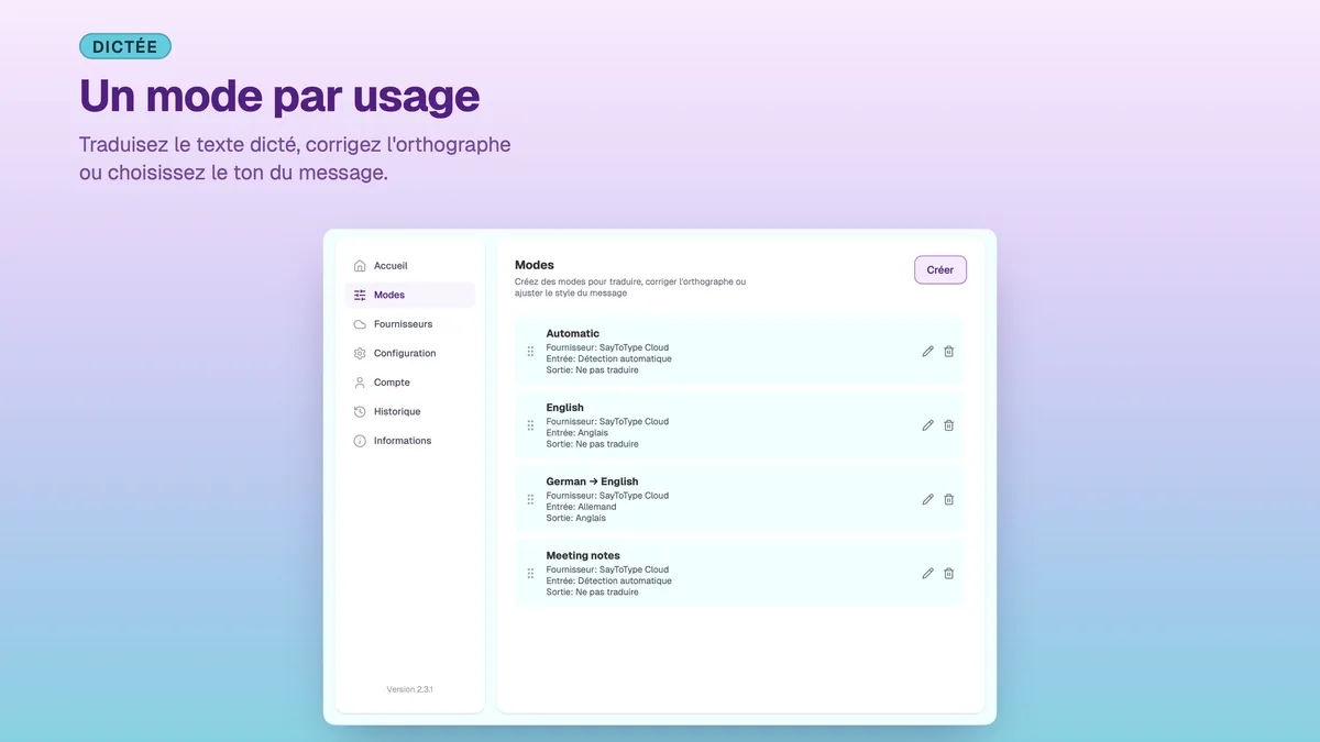 Réglages de SayToType avec la liste des modes de dictée personnalisés