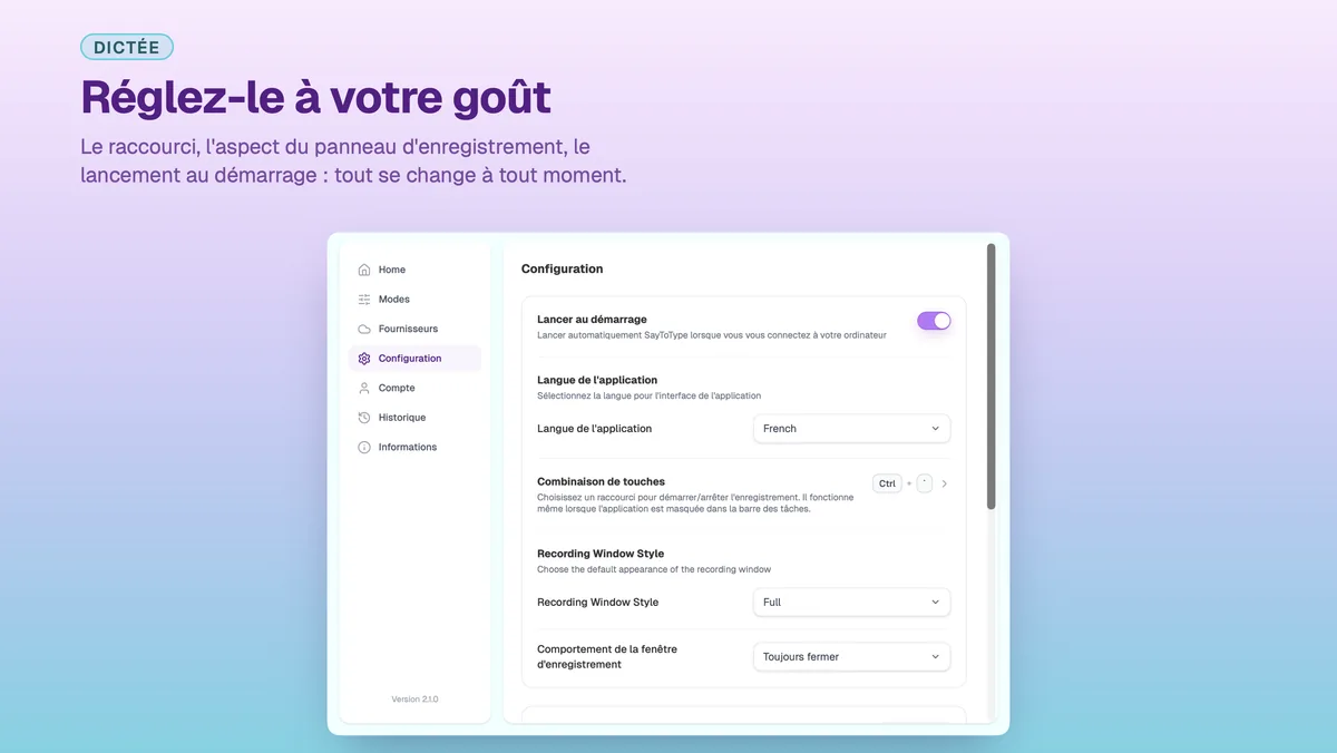 Écran de configuration dans la fenêtre de réglages de SayToType