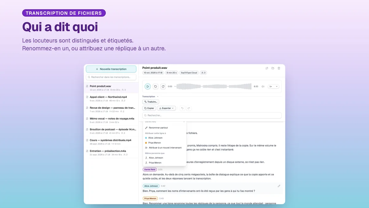 Noms de locuteurs dans une transcription SayToType, avec le menu pour les renommer