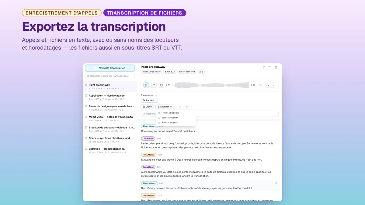 Menu d'export de SayToType : transcription en TXT, SRT ou VTT