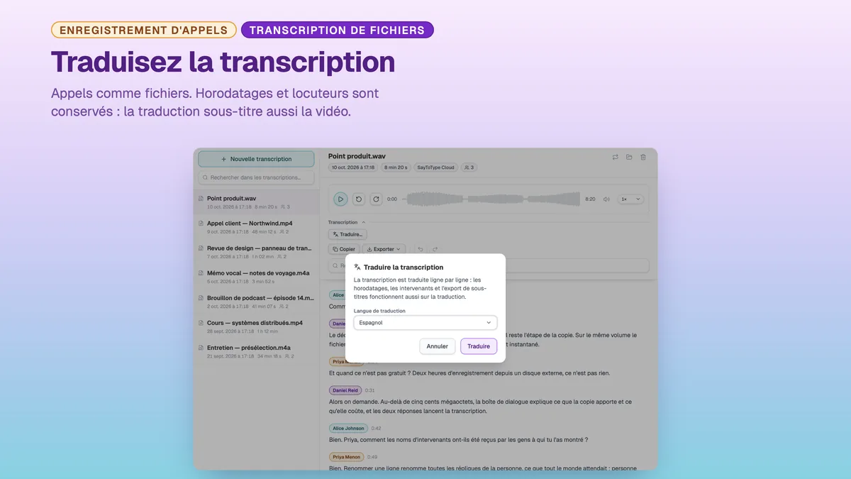 Boîte de dialogue SayToType pour traduire une transcription terminée