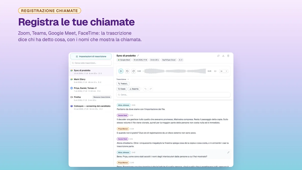 Una chiamata registrata in SayToType, con la trascrizione etichettata per nome del partecipante