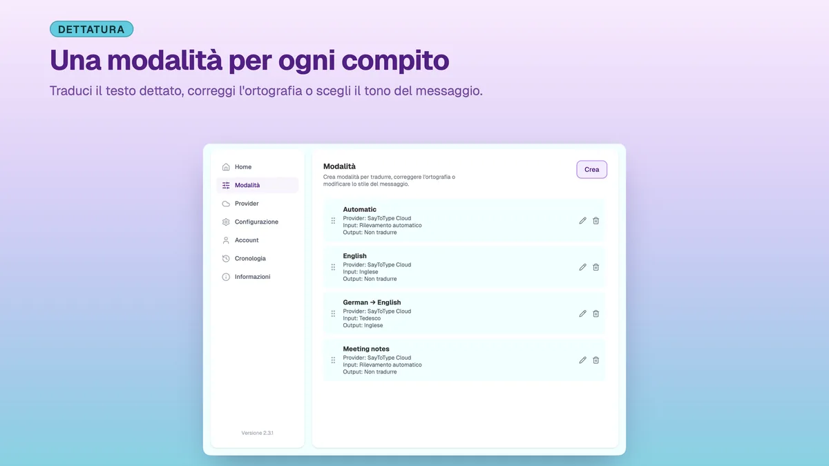 Impostazioni di SayToType con l'elenco delle modalità di dettatura personalizzate