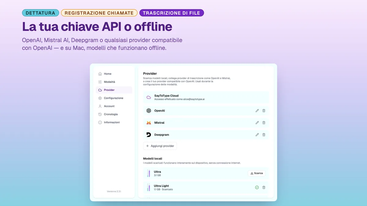Impostazioni dei provider di SayToType con OpenAI, Mistral e Deepgram collegati