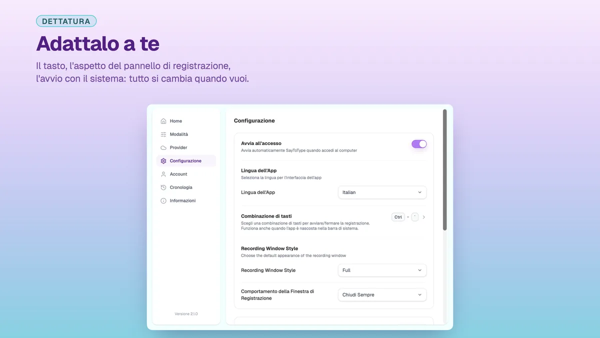 Schermata di configurazione nella finestra delle impostazioni di SayToType