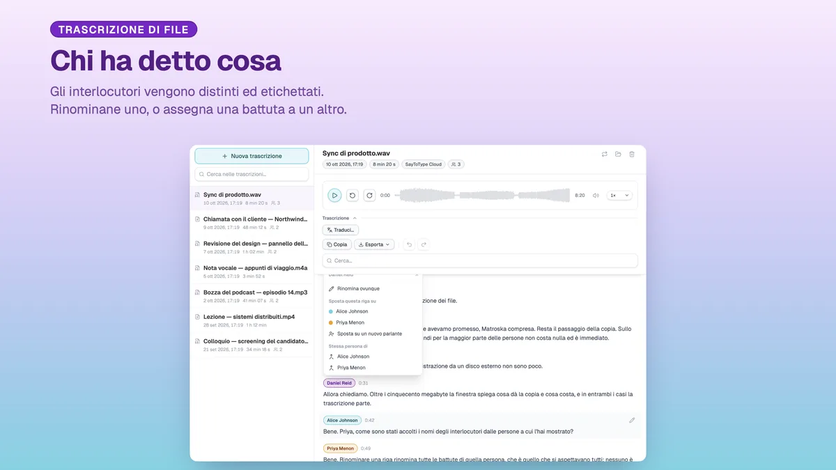 Etichette degli interlocutori in una trascrizione SayToType, con il menu per rinominarli