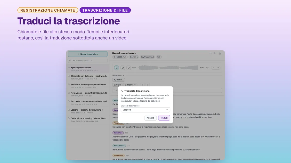 Finestra di dialogo di SayToType per tradurre una trascrizione completata