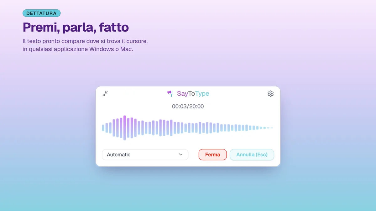 Finestra di registrazione di SayToType con la forma d'onda durante la dettatura
