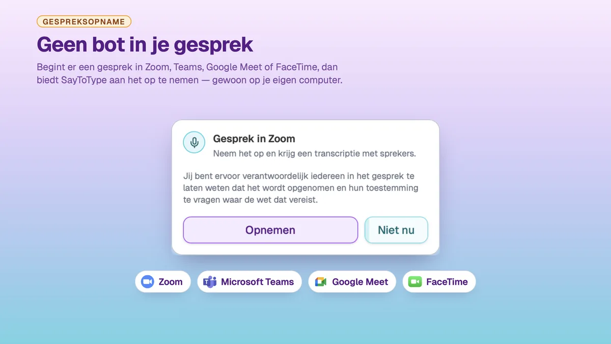SayToType-paneel dat aanbiedt een Zoom-gesprek op te nemen, met de knoppen Opnemen en Niet nu