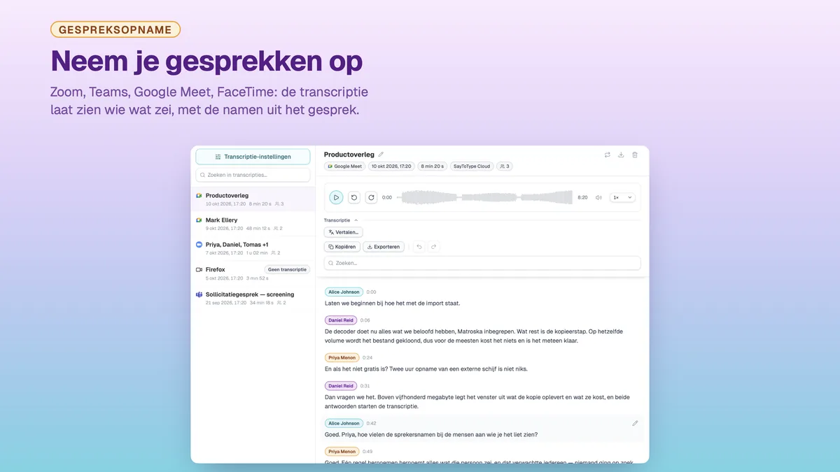 Een opgenomen gesprek in SayToType, met de transcriptie gelabeld per deelnemer