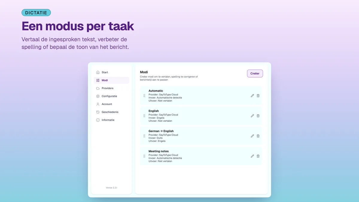 Instellingen van SayToType met de lijst met eigen dicteermodi