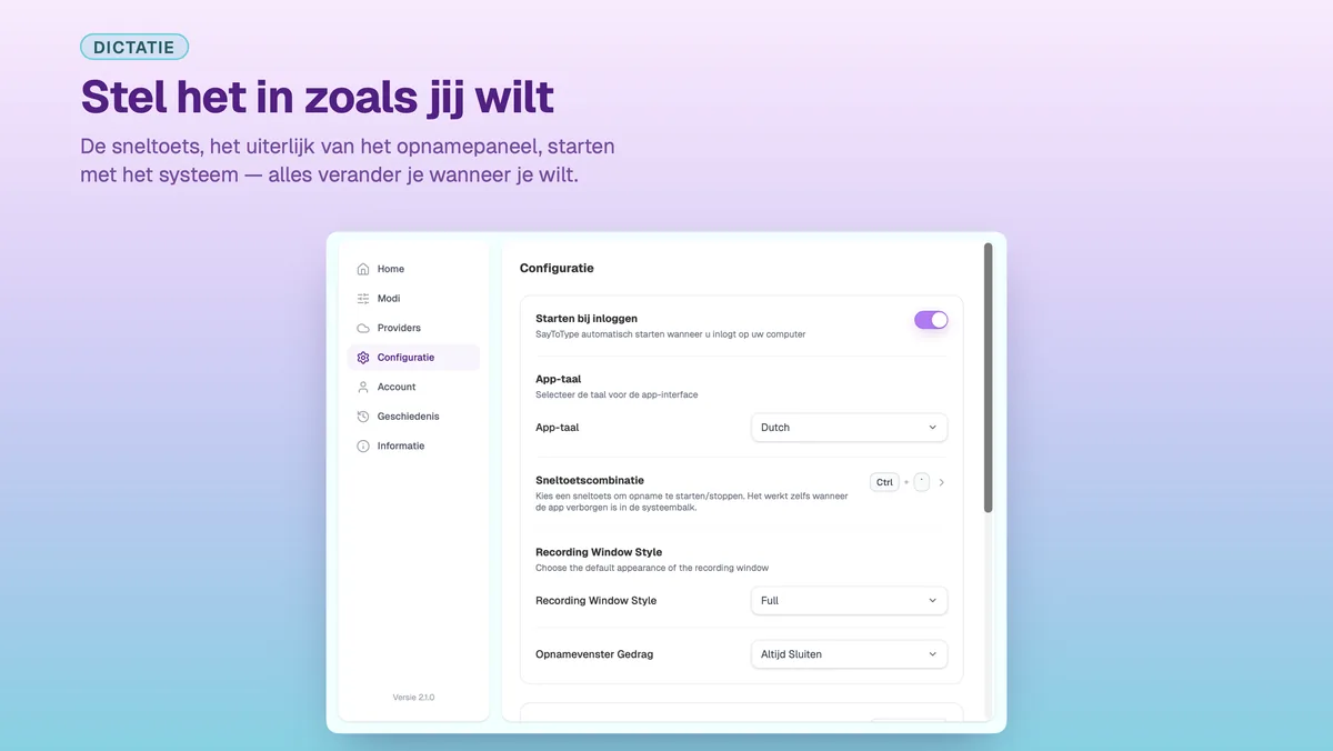 Configuratiescherm in het instellingenvenster van SayToType