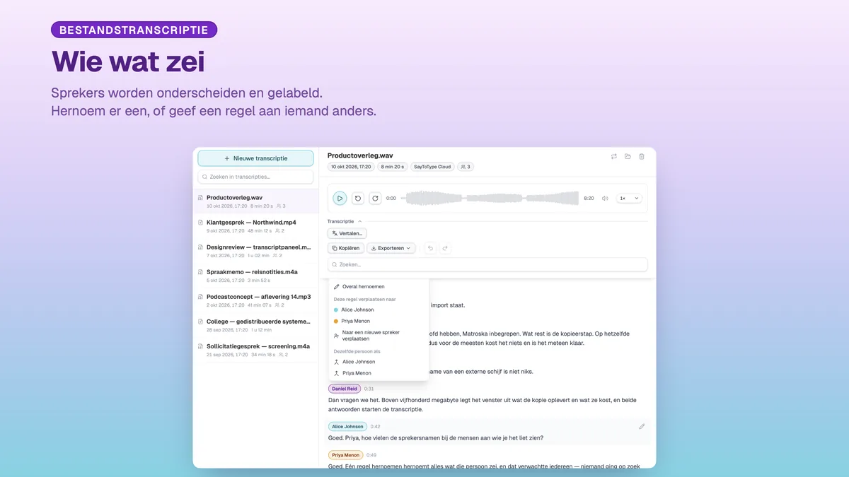 Sprekerlabels in een SayToType-transcriptie, met het menu om ze te hernoemen