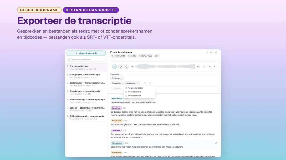 Exportmenu van SayToType: transcriptie als TXT, SRT of VTT