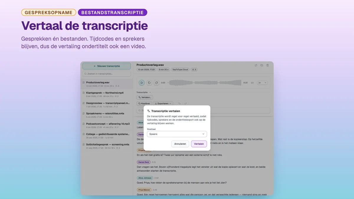 Dialoogvenster van SayToType om een afgeronde transcriptie te vertalen