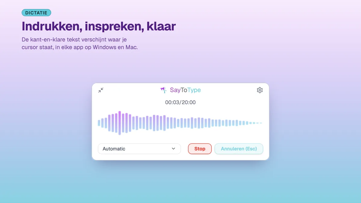 Opnamevenster van SayToType met golfvorm tijdens het dicteren