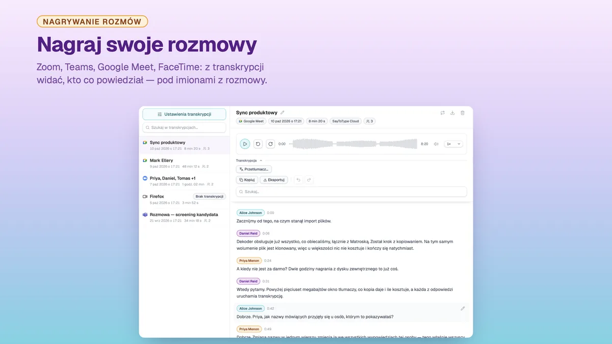 Nagrana rozmowa w SayToType z transkrypcją podpisaną imionami uczestników
