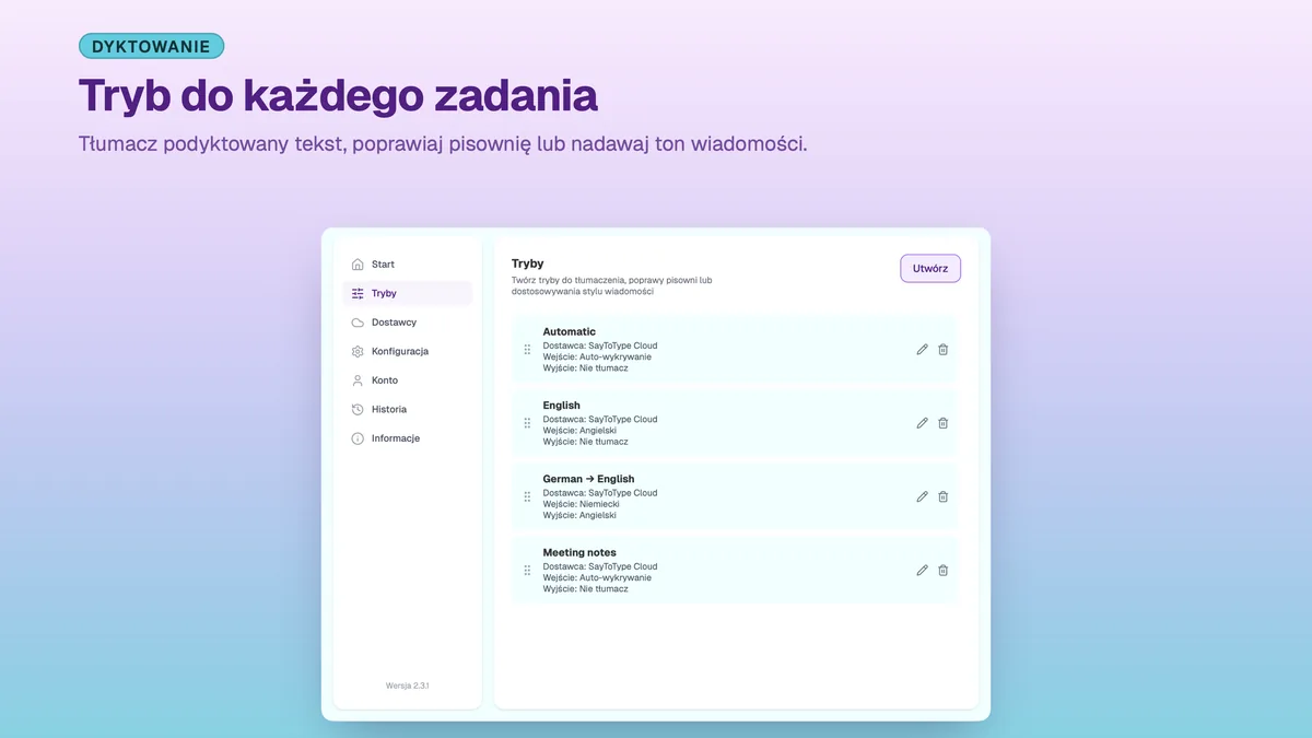 Ustawienia SayToType z listą własnych trybów dyktowania