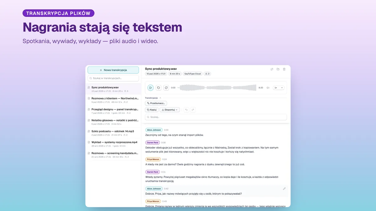 Okno transkrypcji SayToType z biblioteką przetranskrybowanych nagrań