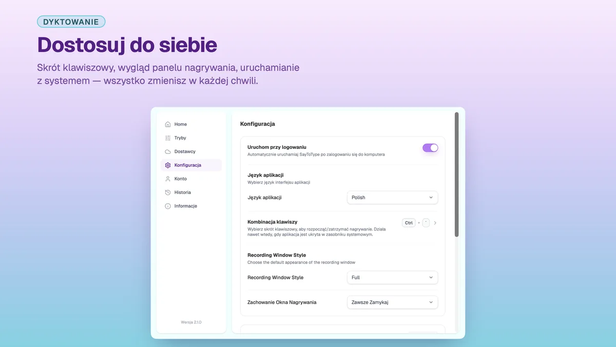 Ekran konfiguracji w oknie ustawień SayToType