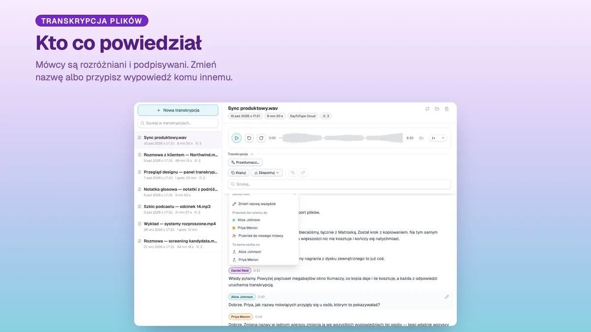 Podpisy mówców w transkrypcji SayToType, z menu zmiany nazwy mówcy