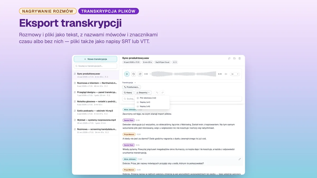 Menu eksportu SayToType: transkrypcja jako TXT, SRT lub VTT