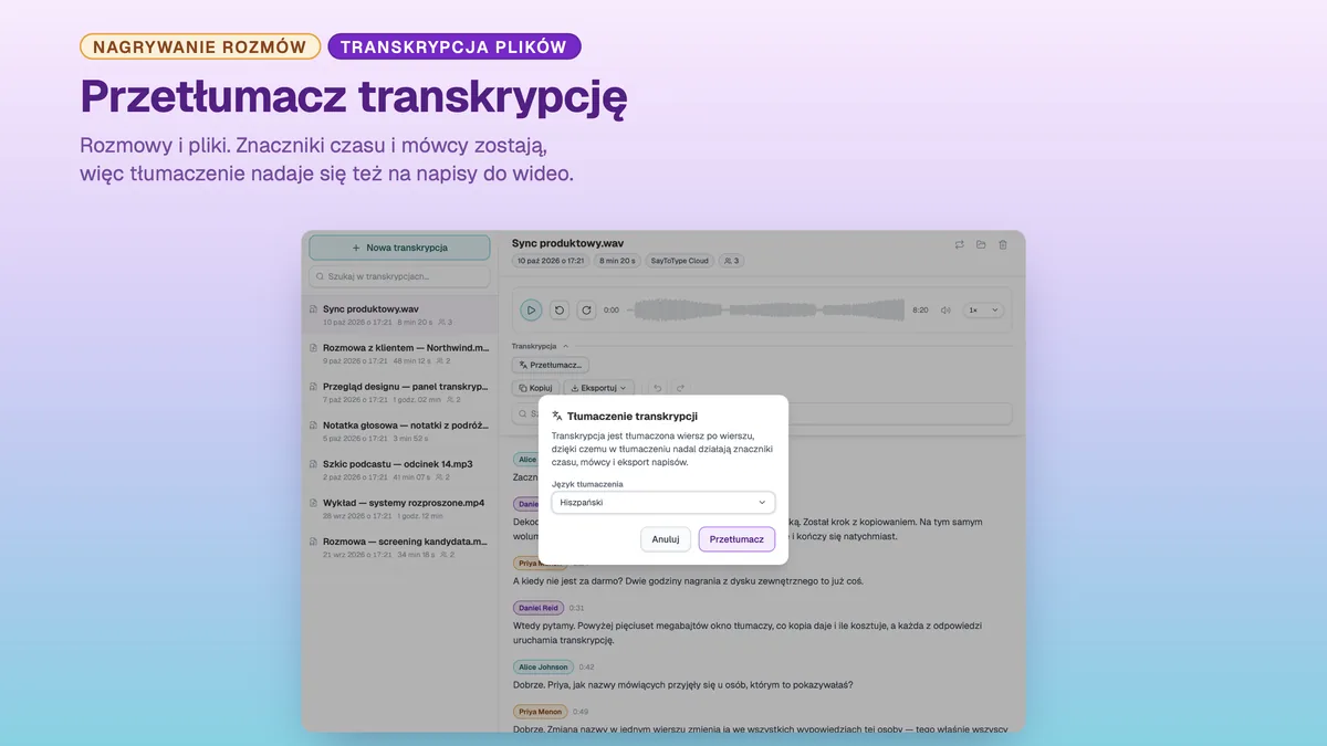 Okno SayToType do tłumaczenia gotowej transkrypcji