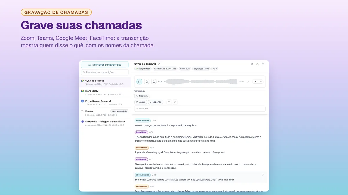 Uma chamada gravada no SayToType, com a transcrição identificada pelo nome de cada participante