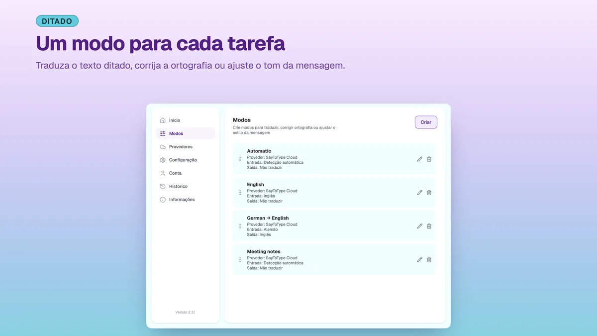 Definições do SayToType com a lista de modos de ditado personalizados